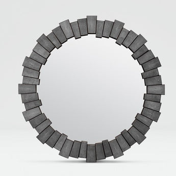 round mirror with geometric tiled frame in color option cool grey