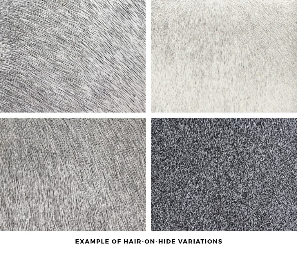 color swatch of four variations of grey hair-on-hide