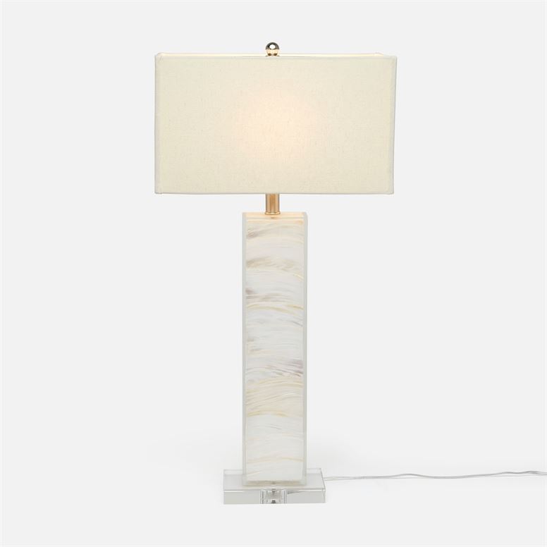 mother of pearl table lamp shown in taller height option