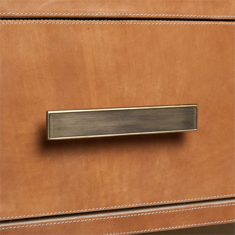 closeup of dresser handle in color option aged camel