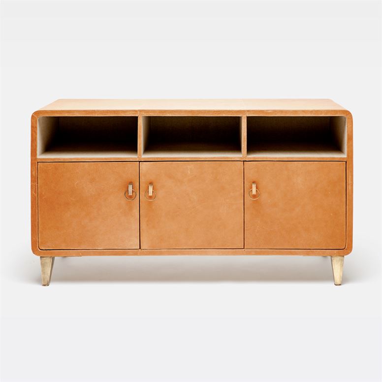 buffet storage chest with three doors and shelves in color option aged camel