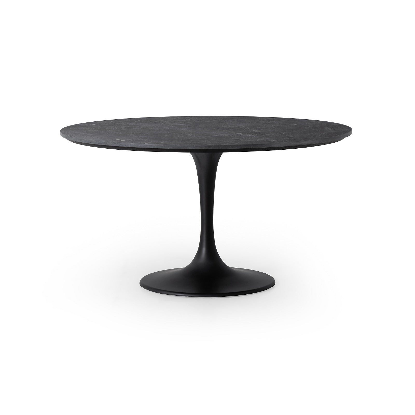 tulip table with black iron base and dark marble tabletop