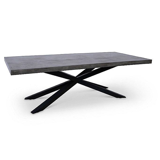 dark grey concrete dining table with criss-cross black steel base