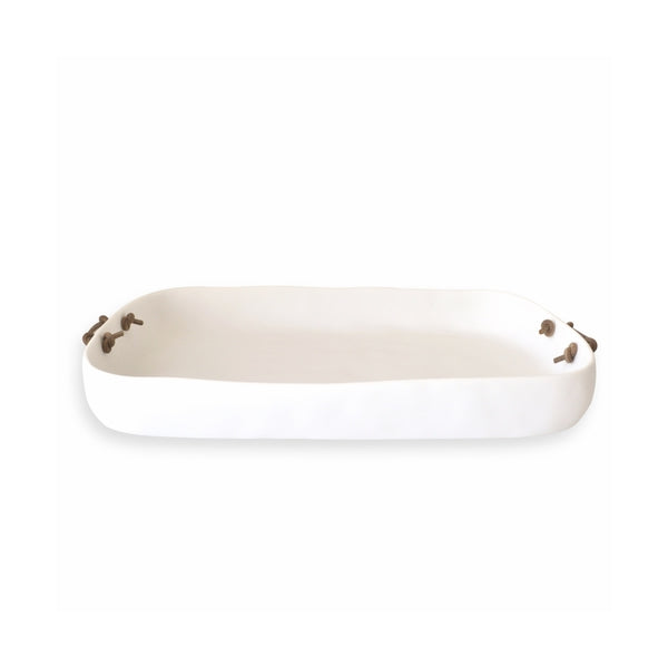 front view of white resin tray with leather handles