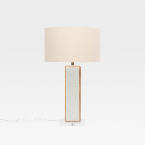 multicolor table lamp made from leather, hide, and crystal with white shade
