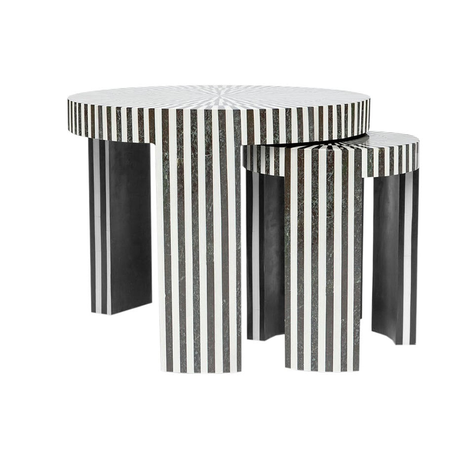 black and white striped round nesting tables