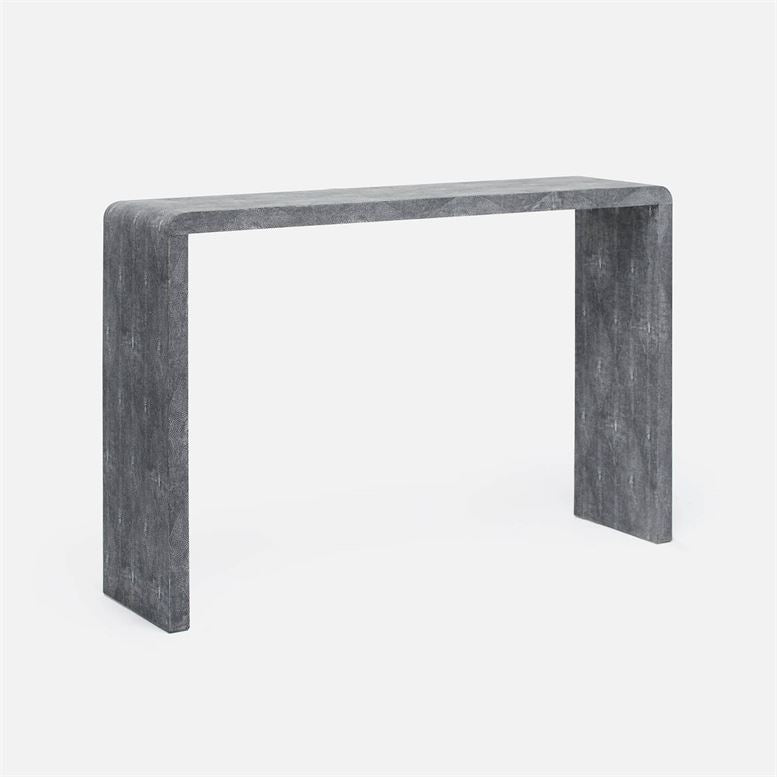 angle view of narrow grey waterfall console table