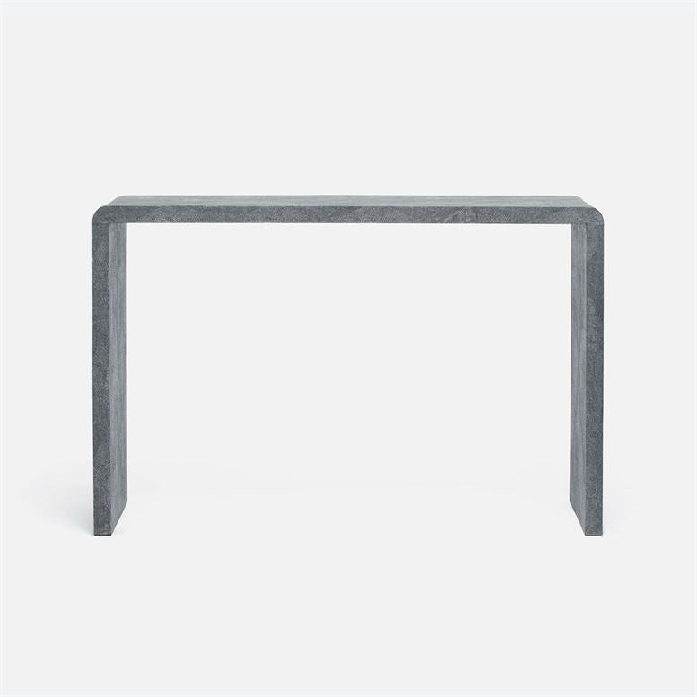 front view of narrow grey waterfall console table