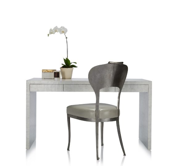 white shell desk with silver accent chair