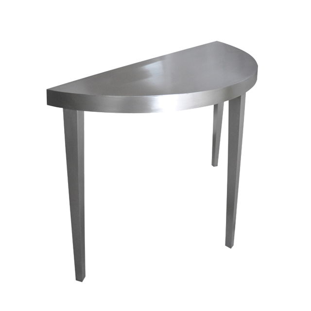 console table with half-circle top and three legs in brushed stainless finish