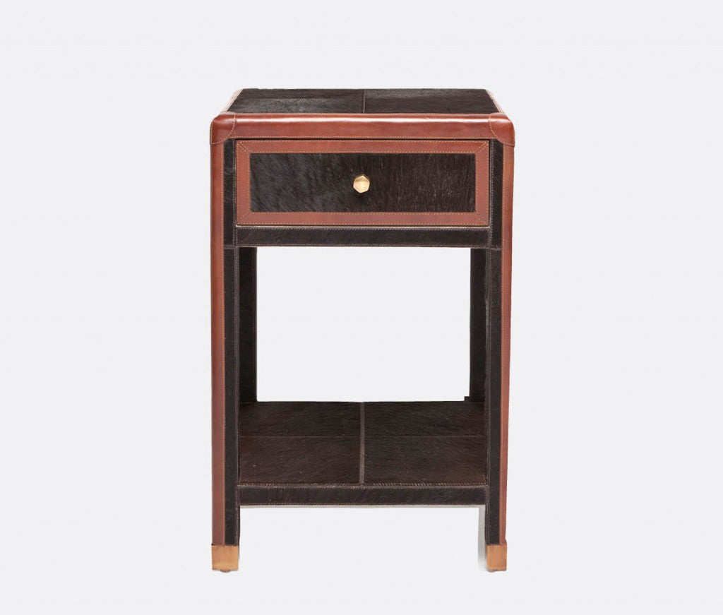narrow, black and brown nightstand with one drawer