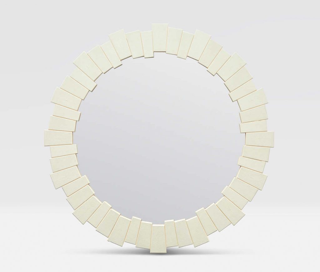 round mirror with geometric tiled frame in color option ivory