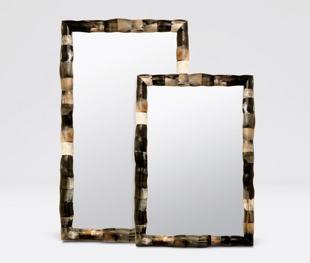 two rectangular mirrors of different sizes with horn frames