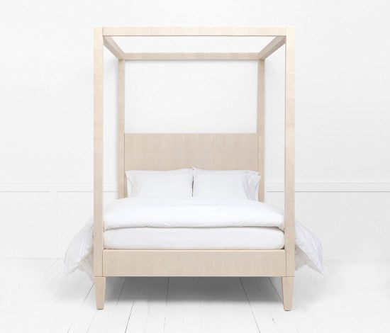 off-white canopy bed with high headboard