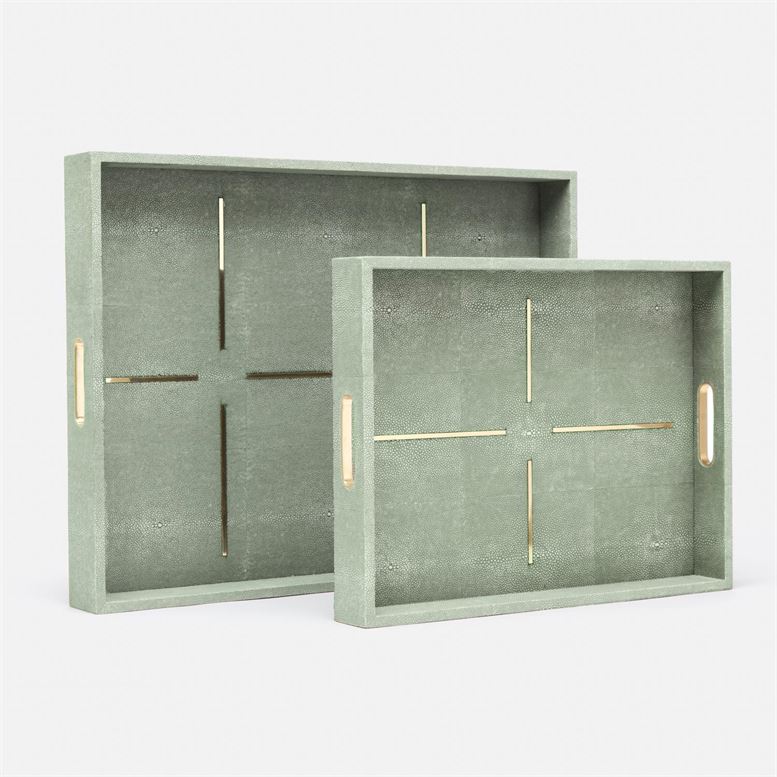 set of two green trays with brass details