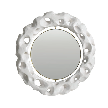 round mirror with lunar-inspired white frame