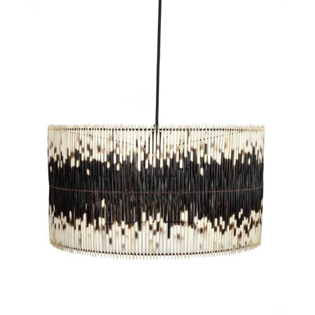 Porcupine quill drum pendant light handmade in Africa, natural organic statement lighting fixture