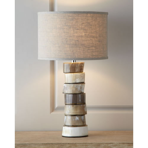 multicolor table lamp with a base made from stacked discs of natural horn
