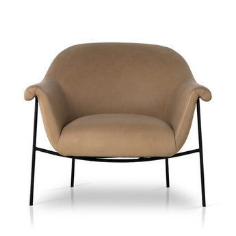 Modern Curved Top Grain Leather Armchair with Iron Cradle Base